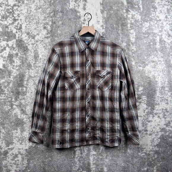 Kuhl Shirt Large Mens Brown Button Pearl Snap Long Sleeve Western Plaid - Picture 1 of 7